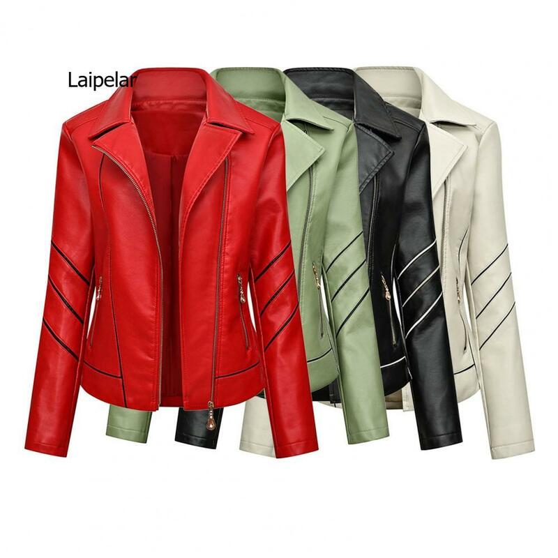 Women Jacket Faux Leather Wear Resistant Skin-friendly Biker Jacket Loose Turn-down Collar Zipper Fashion Women Wild Locomotive