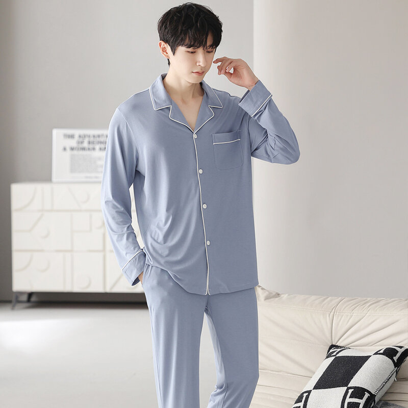 Пижамный комплект мужской из модала и хлопка, тонкая верхняя одежда для мальчиков-подростков, одежда для дома, одежда для сна, большие размеры, осень