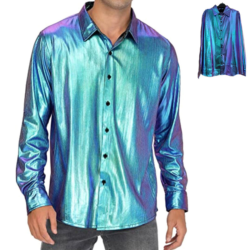 Рубашка мужская однобортная с длинным рукавом, модная блестящая повседневная мешковатая блуза с лазерным узором, однотонная, Топ