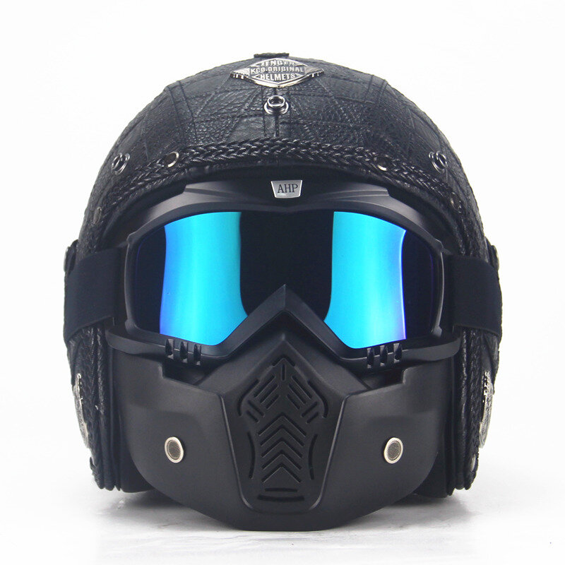 Helm sepeda motor kulit untuk pria, helm keamanan berkendara dengan masker wajah untuk dewasa, perlengkapan berkendara sepeda motor dengan masker wajah