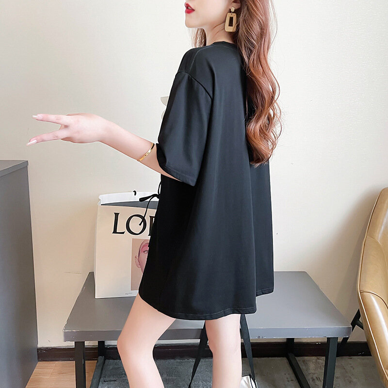 T-shirt a maniche corte con spacco Chic in cotone con ricamo a doppio nucleo per donna estate moda stile coreano Pullover Casual allentato Top