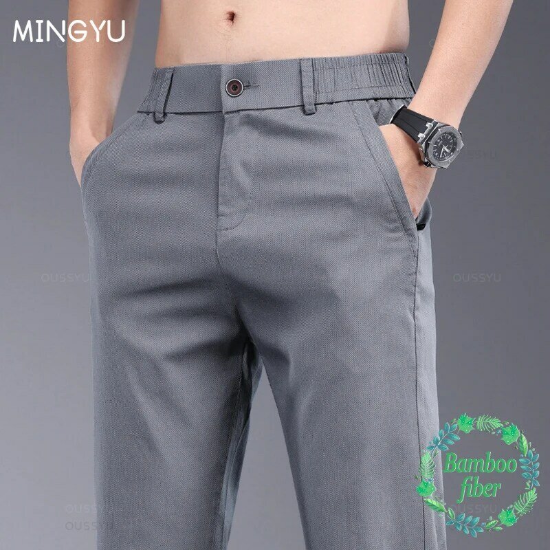 Celana panjang kasual kain serat bambu melar lembut musim panas baru celana panjang kerja abu-abu bisnis pinggang elastis ramping tipis pria