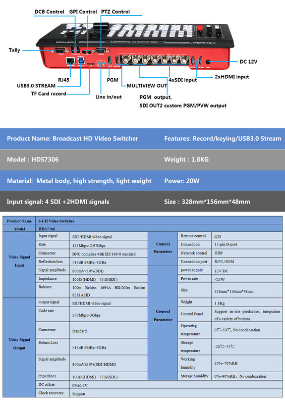 DeviceWell-conmutador de vídeo HDS7306, con llave de croma de grabación, USB 3,0, UVC, Streaming, 6 canales para vídeo en vivo