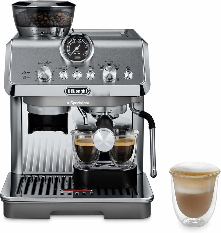 De'Longhi La Specialista mesin Espresso dengan penggiling, pengukus, pengocok susu, 1450W, logam, Kit Barista
