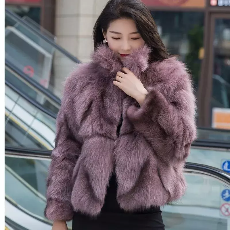 Jesienna i zimowa nowa kurtka z futra z lisa damska krótka luźna koreańska wersja z kwadratowym dekoltem kwadratowy kołnierzyk futrzana bluzka