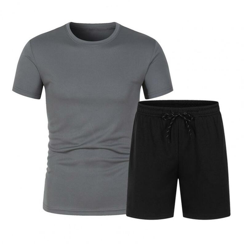 Conjunto de ropa deportiva para hombre, camiseta de manga corta, pantalones cortos con bolsillos, traje de verano con cuello redondo, 2 piezas