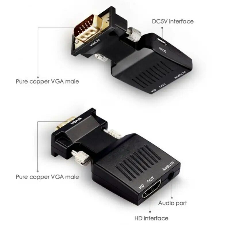 HDMI compatível com conversor VGA com cabo de áudio de 3,5mm, PS4, PC, laptop, TV, monitor, projetor, 1080p, HD, fêmea para adaptador VGA macho