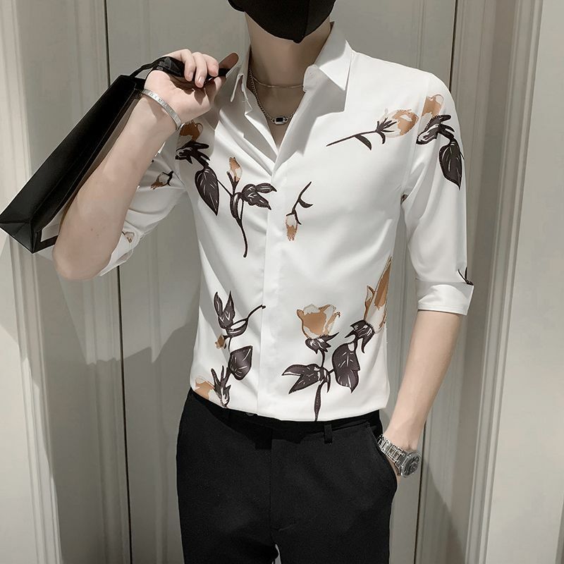 Camisa de botão estampado floral masculina, meia manga, gola virada para baixo, cardigã de botão, rua alta, moda casual, tops ingleses, novo, verão