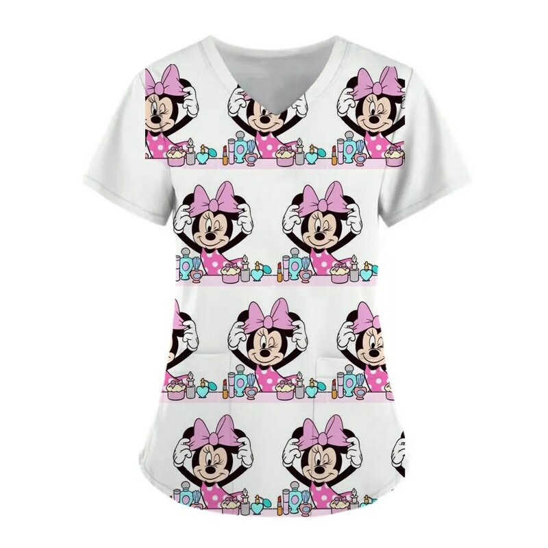 Bluzki Minnie Mouse kieszonkowe odzież damska letnia koszulka Mickey szpital koszulki Disney strój pielęgniarki Top damskie 2023 V dekolt