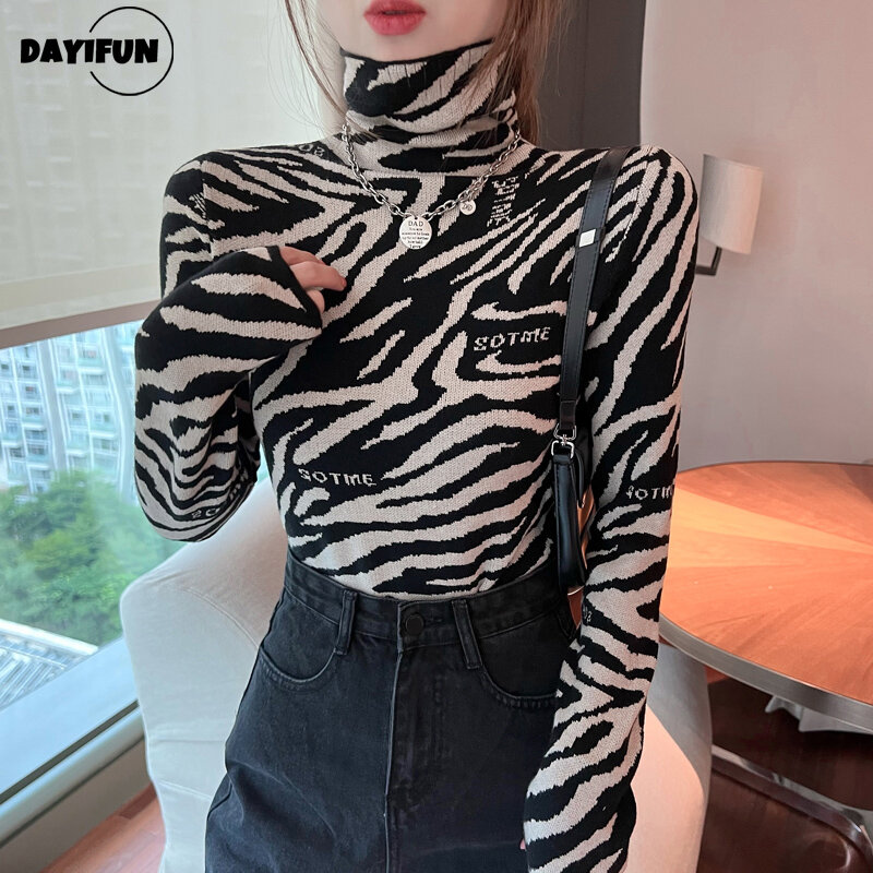 DAYIFUN-Women's Leopard Print Turtleneck Pullovers Knitted Sweaters Pile-Collar Bottoming Shirt Vintage Spring Autumn Jumpers