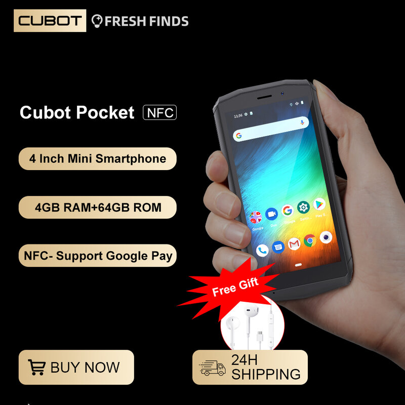 Cubot Pocket、4インチミニフォン、Androidスマートフォン、NFCサポート、4 GB RAM、64 GB ROM（128 GB拡張）、デュアルSIM 4G携帯電話、3000 mAhバッテリー、16MPカメラ, smartphone GPS, android mobile phones スマートフォン 日本語対応, mini smartphone, 顔認識 Face ID