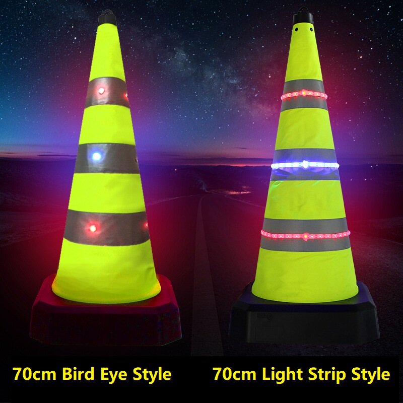Bloqueo de carretera telescópico de 70cm con luz LED de estilo Solar, Plegable, portátil, cono reflectante de seguridad vial, luz de advertencia de tráfico