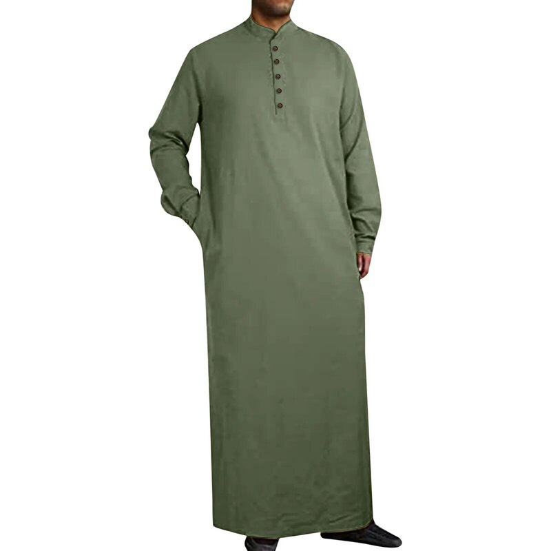 Bata musulmana de verano para hombre, camisa de manga larga con abertura lateral, estilo de Oriente Medio, Color sólido, con bolsillo y botón
