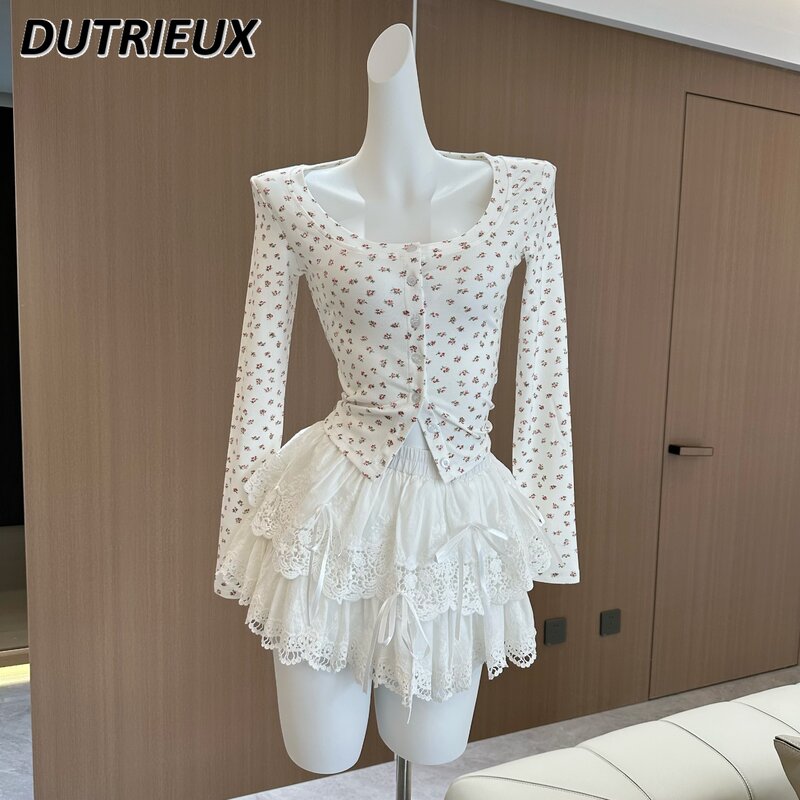 Sweet Cute Lace Bow White Cake Princess Skirt Women 2024 Spring Summer New High Waist Pleated Skirt College Style Lolita Skirts