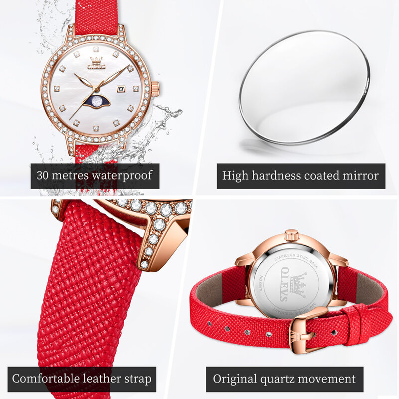 Olevs-レディース防水レザークォーツ時計、小型ダイヤル、カレンダー、トップブランド、ラグジュアリー、ファッション
