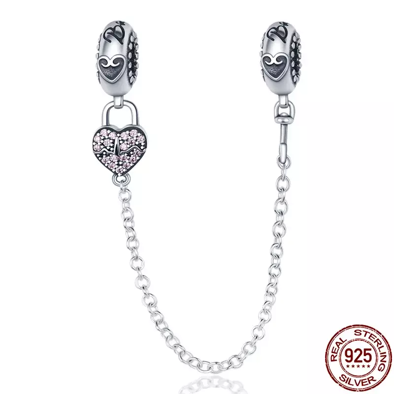 Abalorios de cadena de seguridad de circón para mujer, Plata de Ley 925, 9 modelos, compatibles con Pandora 925, pulseras originales, joyería colgante