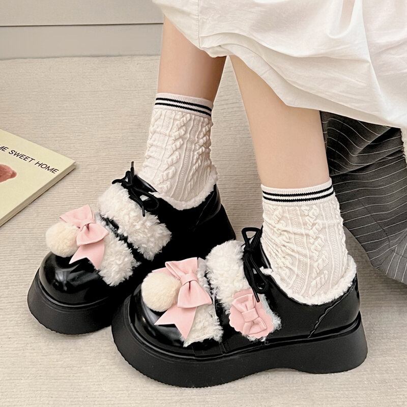 Flache schwarze Schuhe für Frauen Herbst Oxfords Bogen knoten flachen Mund britischen Stil Slipper mit Pelz lässig weibliche Turnschuhe runde Zehen