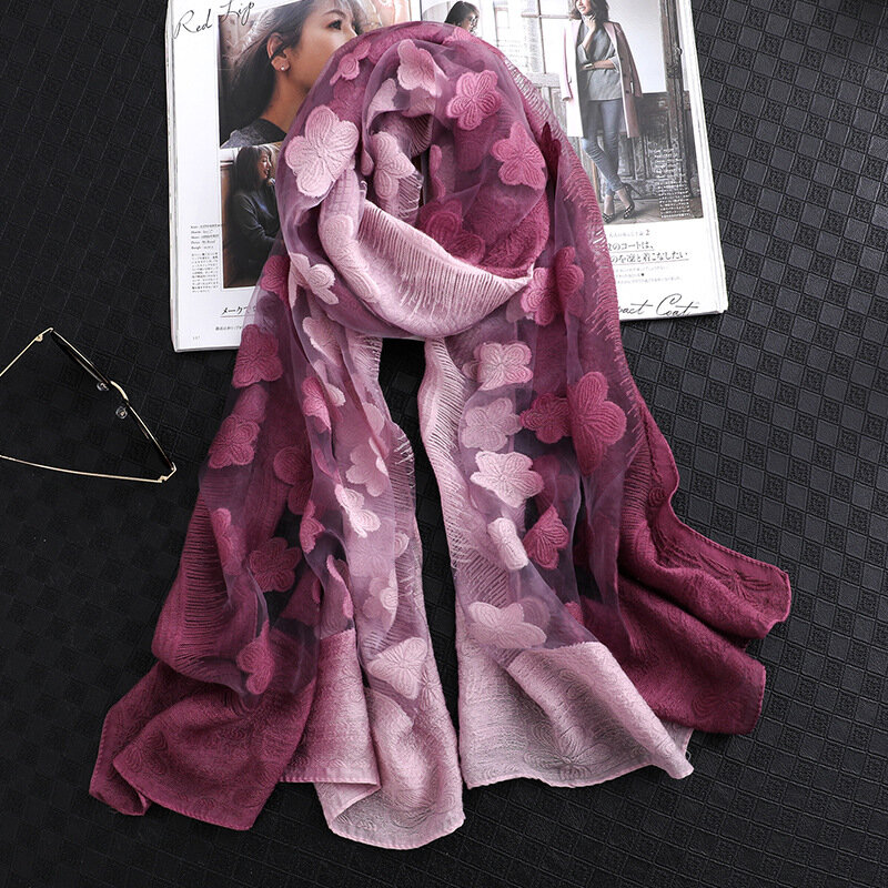 Double-Color Matching Women Scarf 70*190 Cm Female Fashion Cut Flower Hollow Petal Imitation Silk Wool Scarf Versatile Scarf