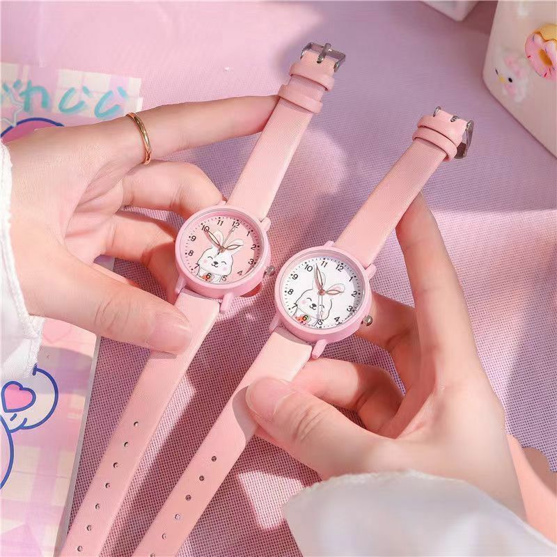 Детские часы в Корейском стиле, милые светящиеся кварцевые часы с мультяшным кроликом и кожаным ремешком, повседневные спортивные часы для мальчиков и девочек, подарок на день рождения для детского сада