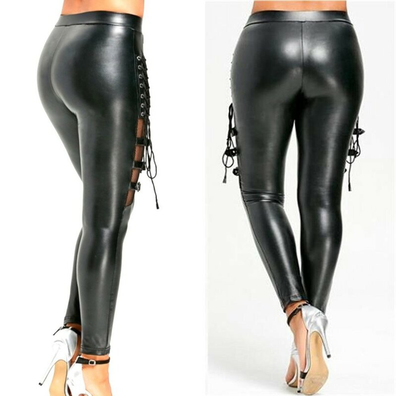 Women Leggings PU Leather Skinny Slim Pantyhose Clubwear Gothic Punk Sexy Seductive Fishnet Hollow Out Party Performance Uniform