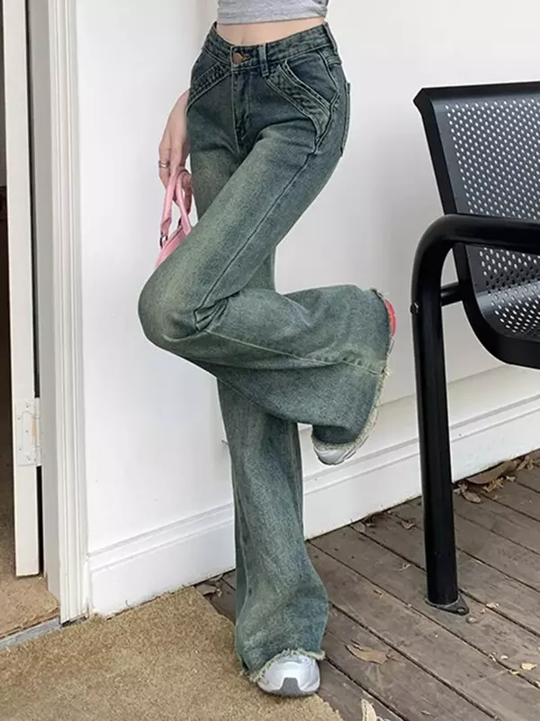 Vintage amerikanische Mode klassische Distressed Frauen Jeans neue einfache lässige schlanke in voller Länge Chic Flare weibliche hoch taillierte Jeans