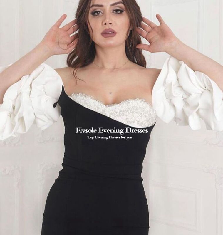 Fivsole-Vestidos De Fiesta De sirena en blanco y negro, vestido De noche De perlas con volantes, mangas abullonadas, 2023