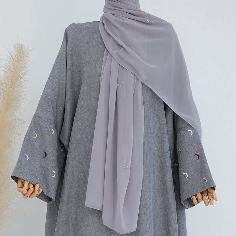 70 x 180 cm Moon Embroidered Chiffon Hijab Scarf Muslim Women Headscarf Islamic Clothing Dubai Turk Headcover Ramadan (No Abaya)