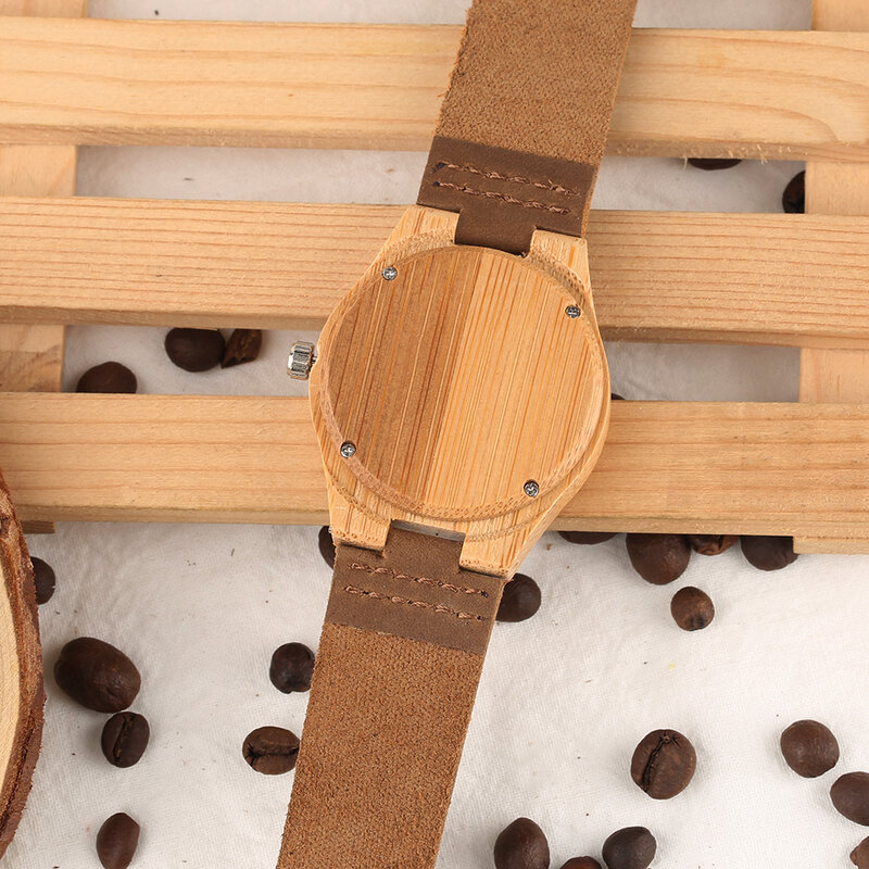 Trend ige kaffee braune Zifferblatt Bambus Holz Damen Quarz Armbanduhr Echt leder Armband natürlichen Stil Holz Damen Armbanduhr