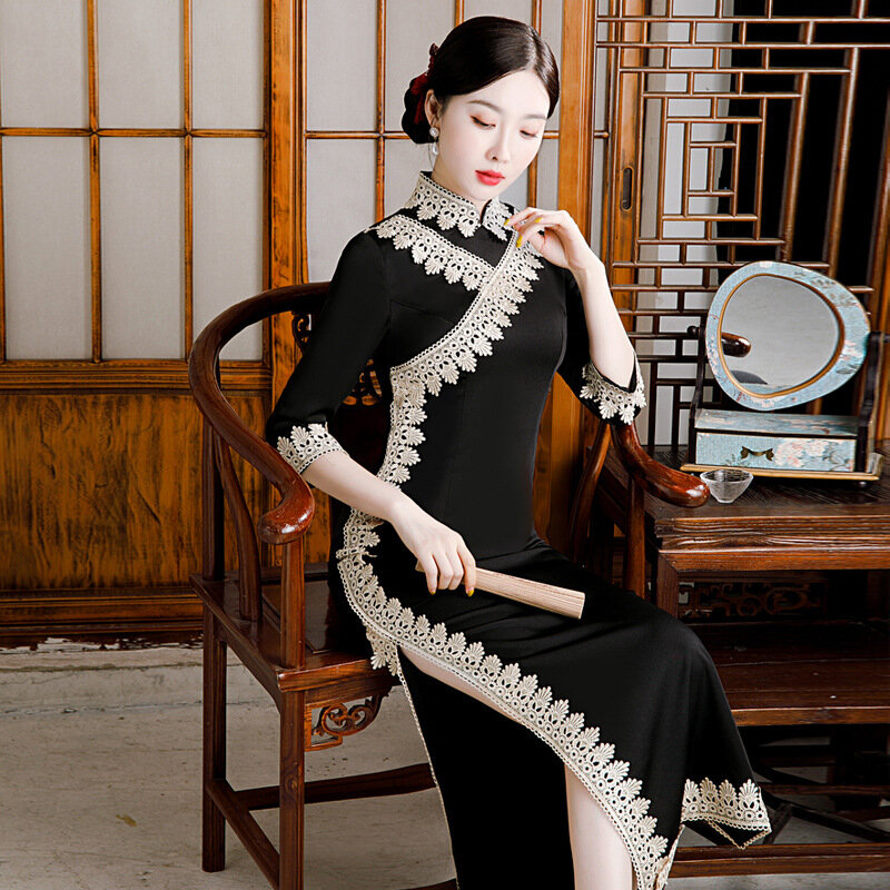 Vestido chinês tradicional de renda qipao para mulheres, plus size, 4xl, cheongsam, colarinho mandarim, elegante, fino, sexy, vintage