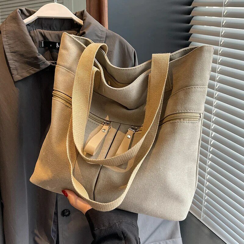 Холщовая Сумка на плечо большой вместимости, новинка 2023, трендовая женская сумка, подходящая ко всему Модная студенческая сумка-тоут, сумка на молнии в стиле преппи