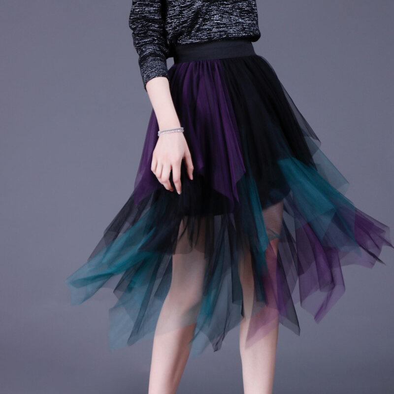 Весенняя Милая многоцветная Тюлевая Лоскутная Асимметричная юбка с эластичным поясом, трапециевидная многоярусная сетчатая плиссированная длинная юбка до икры, оптовая продажа