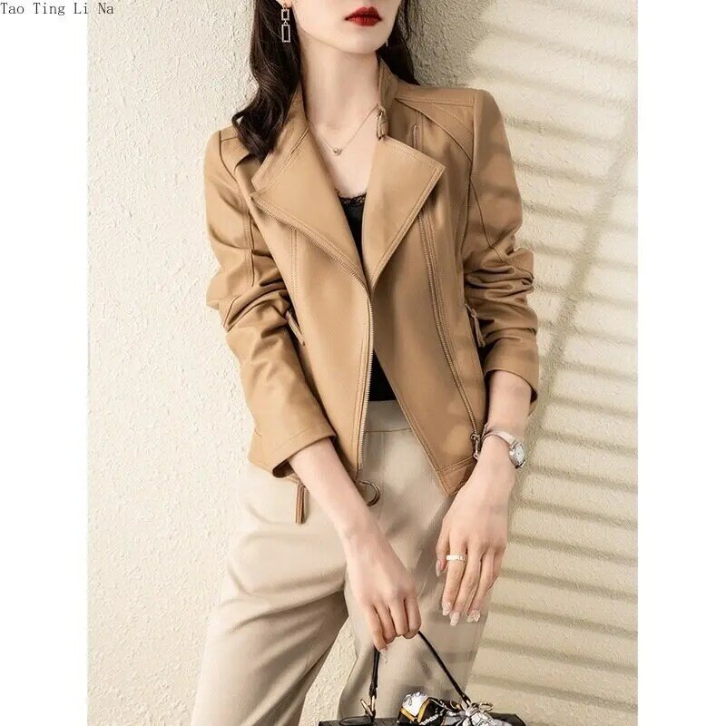 2023 Women Fashion Genuine Leather Sheepo Jacket  Khaki Locomotive Real Sheepskin Leather Coat S4