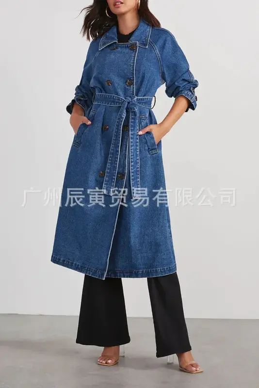 Mantel Denim jas hujan wanita, mantel Denim jas hujan satu baris, jaket Solid, kancing pas badan, musim semi 2024, jalanan tinggi
