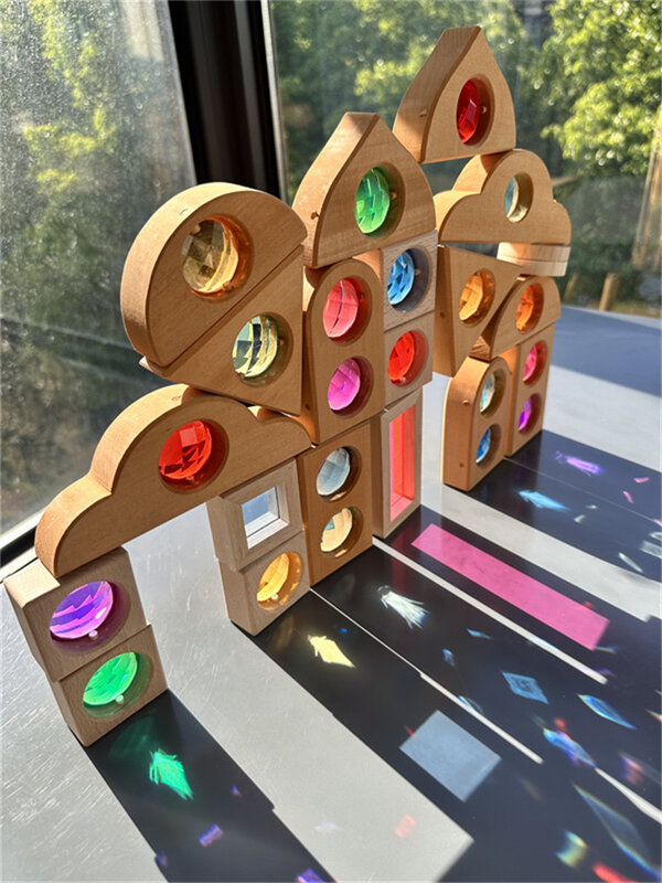 Kids Sparkling Orient Gems Montessori Wooden Toys Step Gables Stacking Lime Window Shape Building Blocks