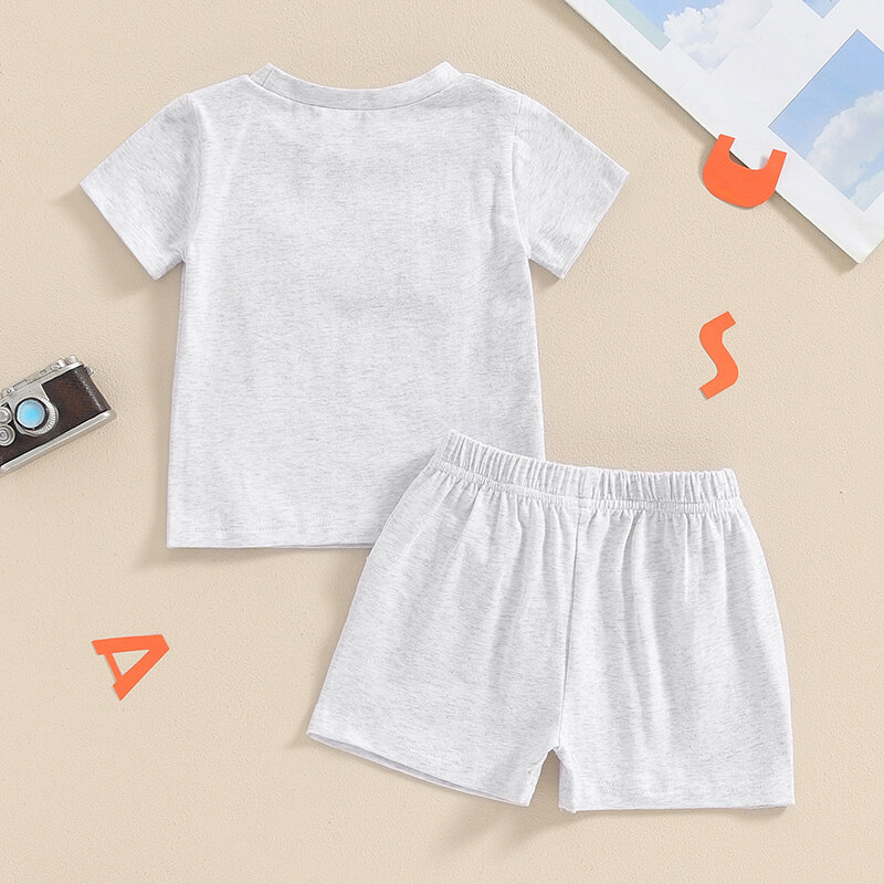 VISgogo pakaian bayi laki-laki, atasan lengan pendek bordir huruf 4 Juli dengan warna Solid pinggang elastis musim panas