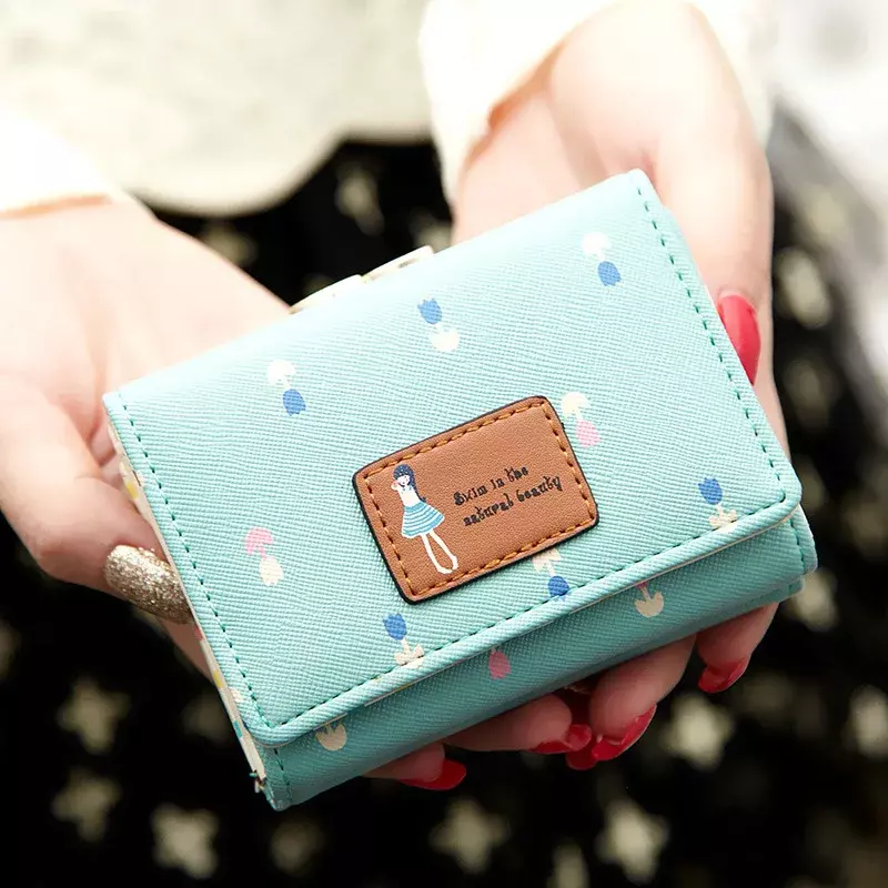 Dompet Lipat wanita, dompet pendek Jepang dan Korea lipat tiga murid perempuan dompet koin klip logam