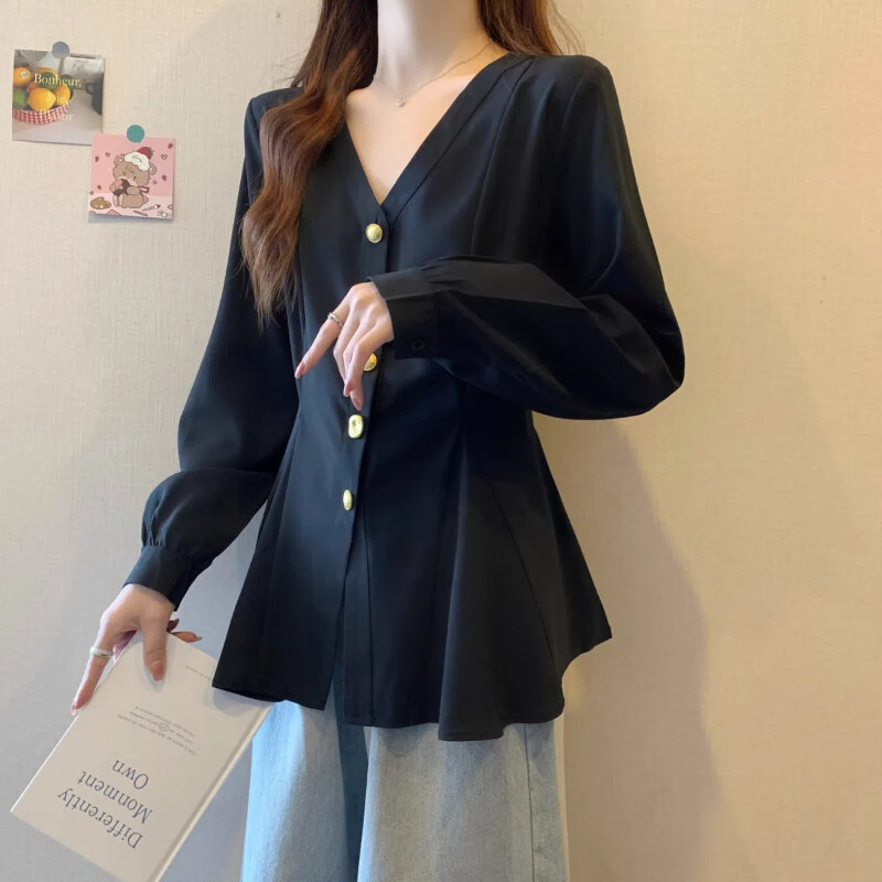 Blus gaya Korea lengan panjang wanita, pakaian kardigan kasual leher V longgar, blus Solid mode elegan Musim Semi dan Gugur