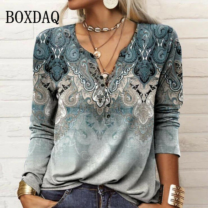 2023 New Autumn Winter Women Blouse Vintage Ethnic Style Floral Print Shirts Long Sleeve V-Neck Button Loose Casual Boho Tops