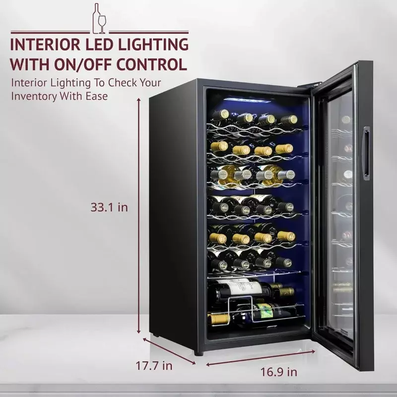 Refrigerador do refrigerador do risco-vinho com fechamento, grande adega autônoma, temperatura digital, 41f-64f, compressor 28 garrafa