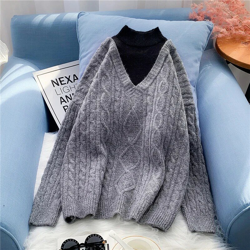 False 2 Pieces Knitted Women Sweater Pullovers Turtleneck Solid Loose Long-Sleeved Thicken Warm Female Pulls Outwear Coats Tops