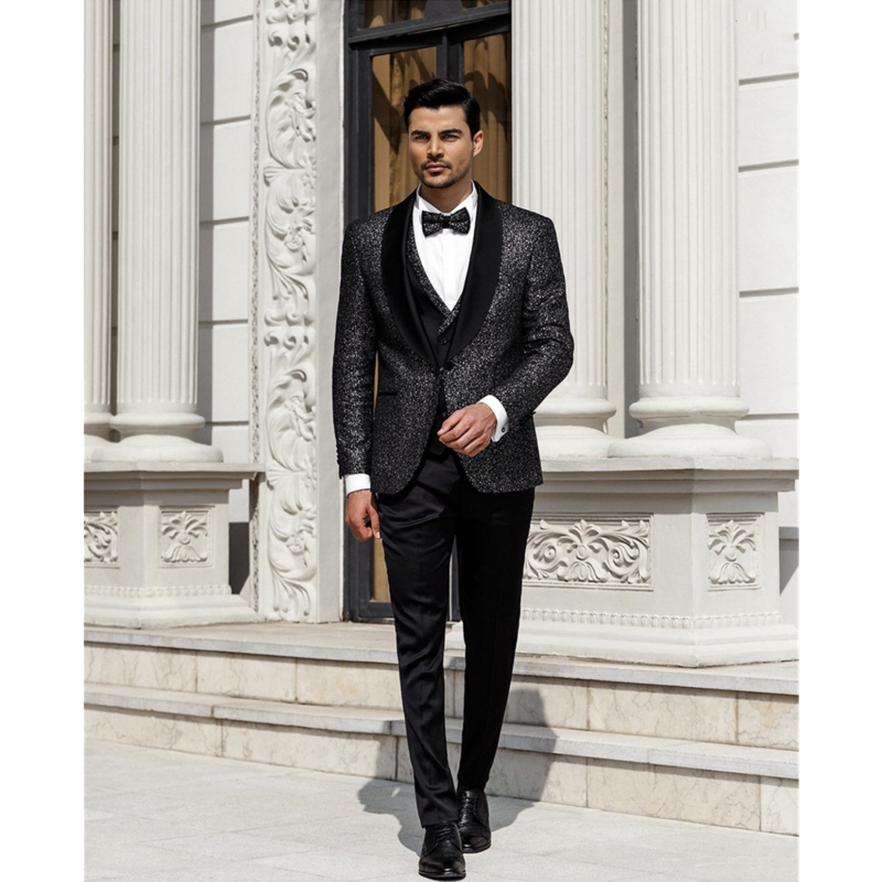 3-częściowe zestawy Shinny cekinowa czarna garnitury męskie kurtka Slim Slim Fit, blezer kamizelka spodnie ślubne smoking pana młodego ubrania imprezowe balu