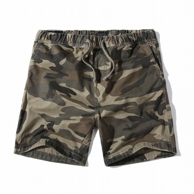 Celana pendek kargo kamuflase lurus katun musim panas 100% celana pantai panjang lutut untuk pria pinggang elastis Amekaji Inaka Streetwear Camo