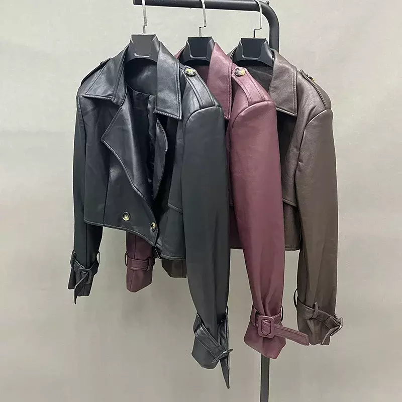 2023 여성용 비건 가죽 트렌치 코트, 레이디 크롭 재킷, 여성용 스트리트 가죽 코트, QX5997