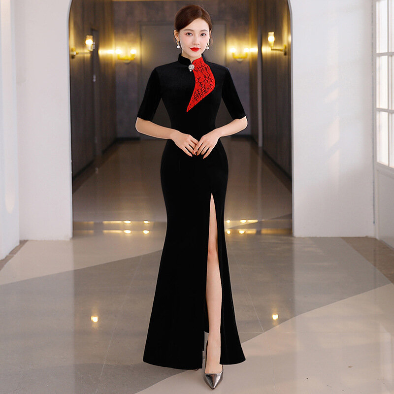 Cheongsam Black 2024 New Summer Long Elegant Team Performance Dress Chinese Style Walk Qipao Dress ﻿