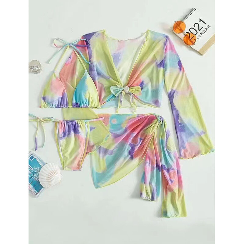 Conjunto de maiô tie dye feminino, biquíni sexy com saias sarong, manga comprida para cobrir, roupa de banho de praia, novo, 4 peças