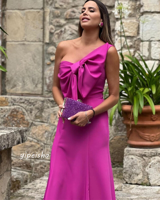 Jersey Draped Bow Pleat Prom A-line One-shoulder Bespoke Occasion Gown Long Dresses