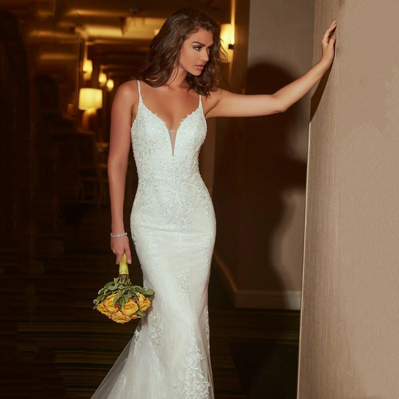 Sexy Meerjungfrau lange offene Hochzeits kleid formale Falte Spaghetti träger Vintage Spitze tiefen Ausschnitt rücken freie Braut Erwachsene