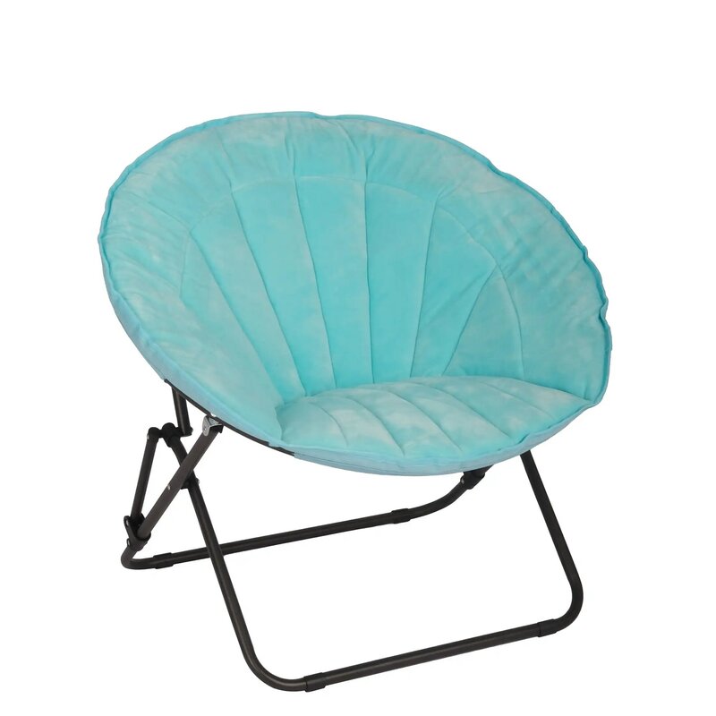 Platillo de conchas marinas de terciopelo, silla OVNI con marco de Metal plegable, asiento de plato plegable difuso para niños y adolescentes, verde azulado