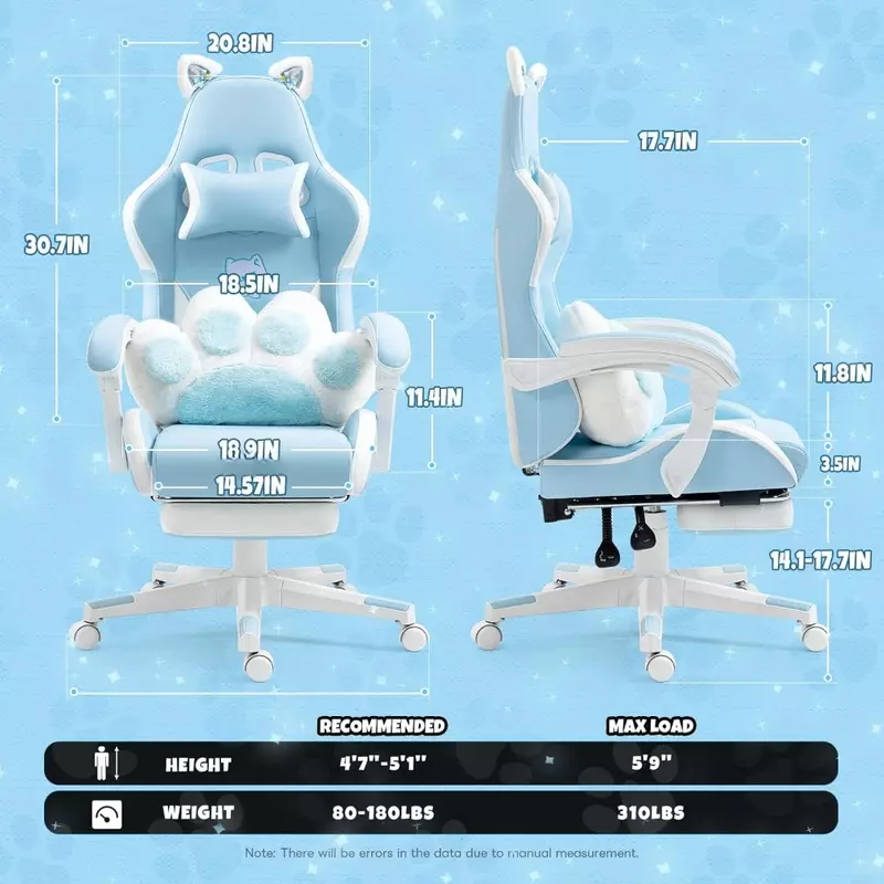 Kursi Gaming lucu dengan bantalan Lumbar kaki kucing, kursi komputer ergonomis remaja dengan sandaran kaki Gamer