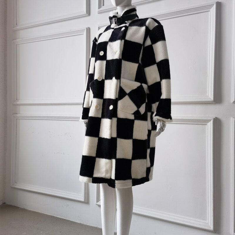 Classic Checkerboard Chic Faux Fur Coat Woman Winter 2022 Autumn Loose Maxi Coat Women's Fashion Luxury Turn-down Collar Jacket